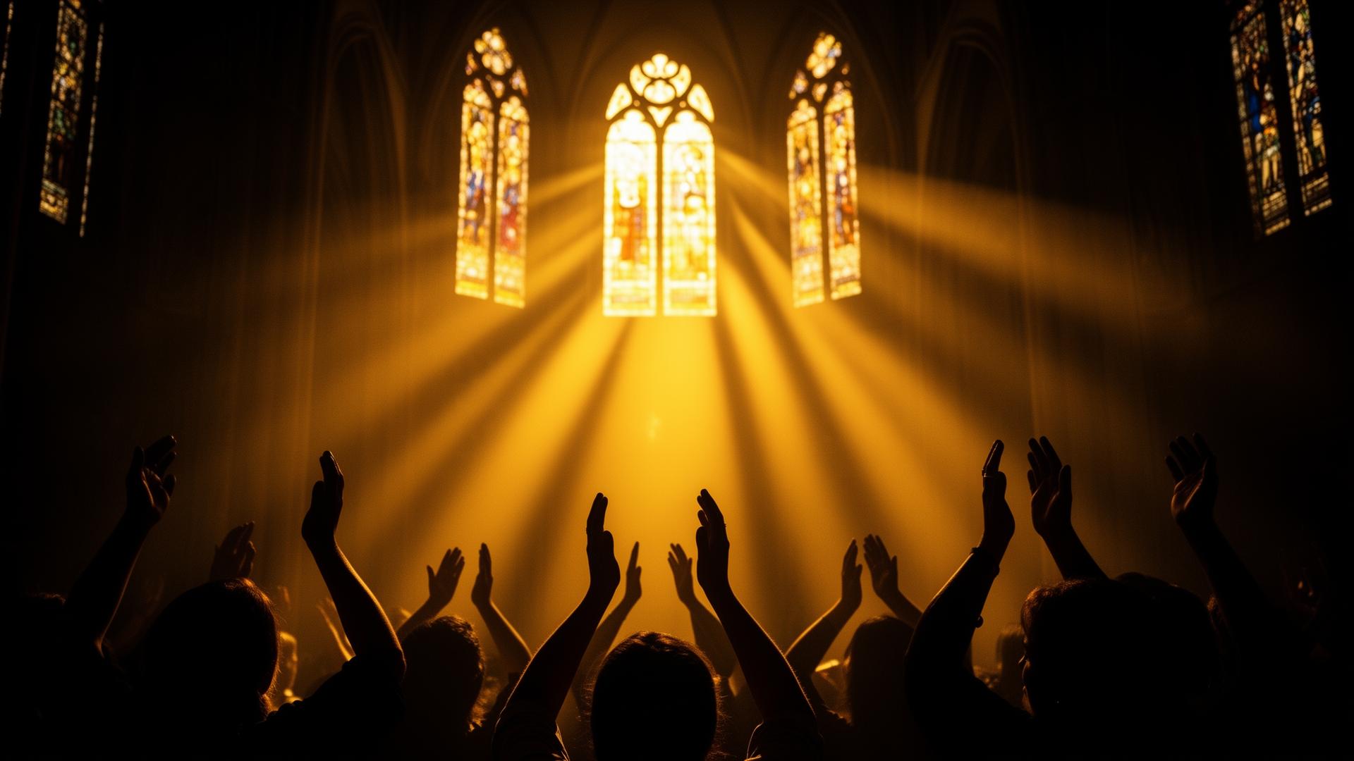 Hands raised in worship beneath stained glass